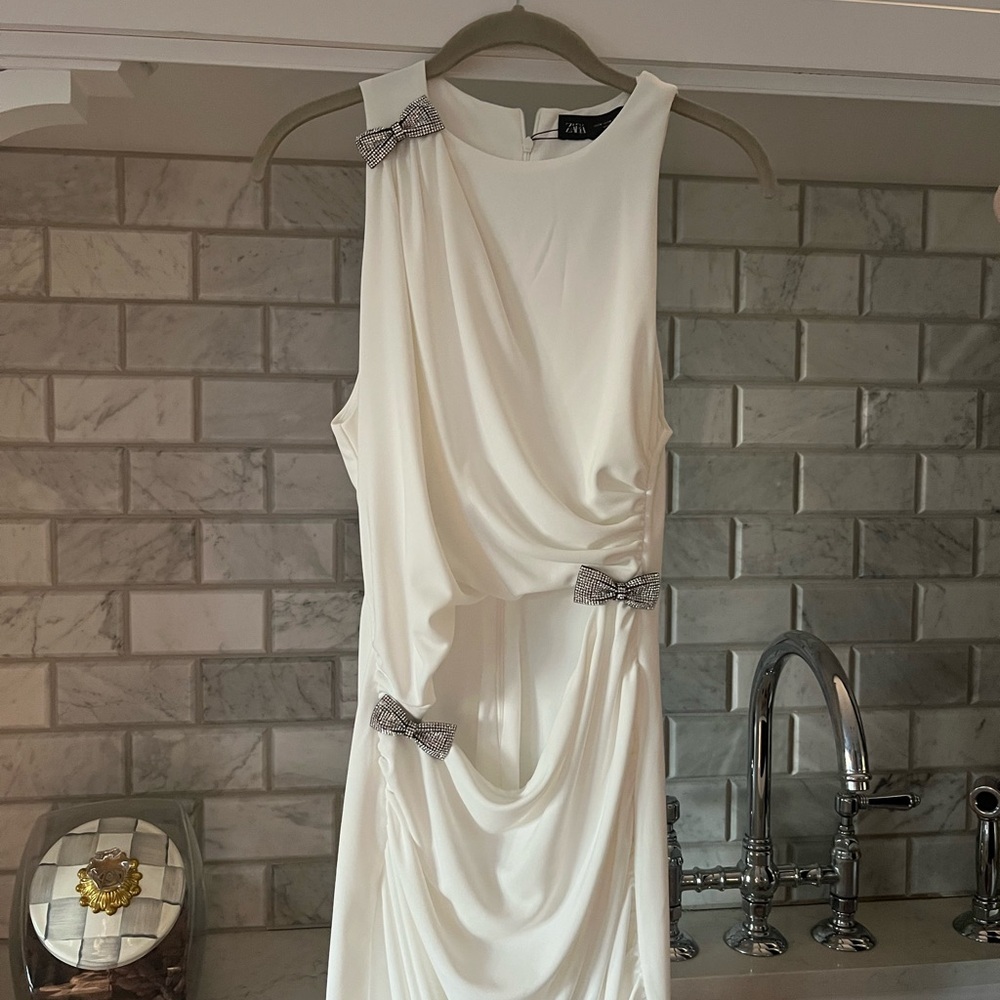 Zara Cream Asymmetrical Dress with Bow Details